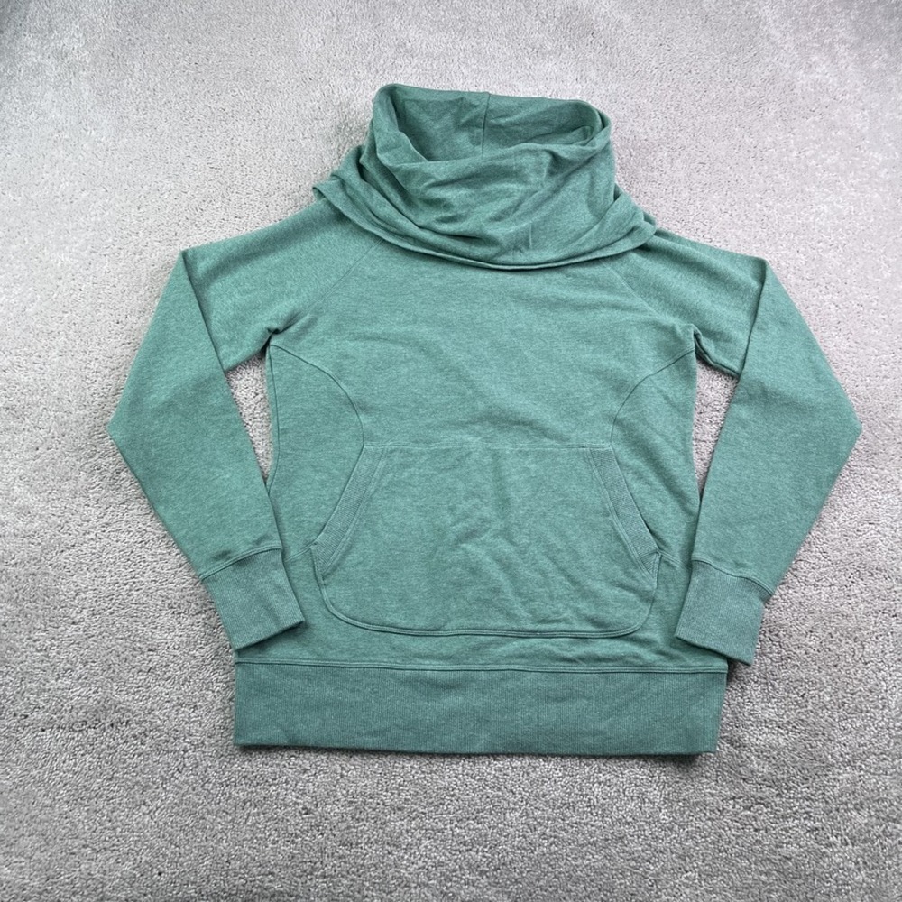 LL Bean Sweatshirt Women Medium Green Cowl Neck Cozy Fleece Pullover Thumbholes